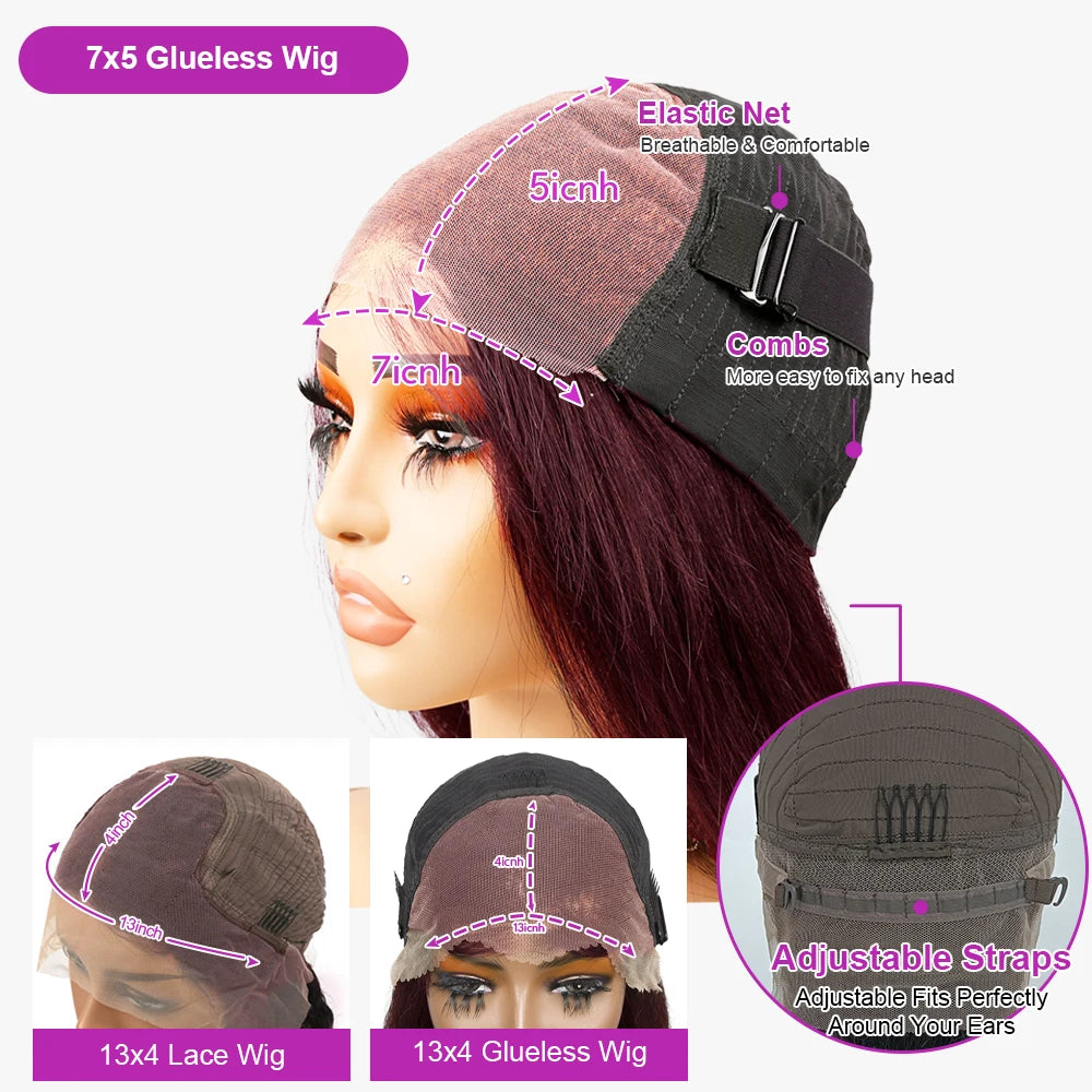 99J Burgundy colour Bob Wig Glueless 13x4 Lace Frontal Bob Wigs 100% Brazilian Human Hair Straight Short Wine Red wig of Women