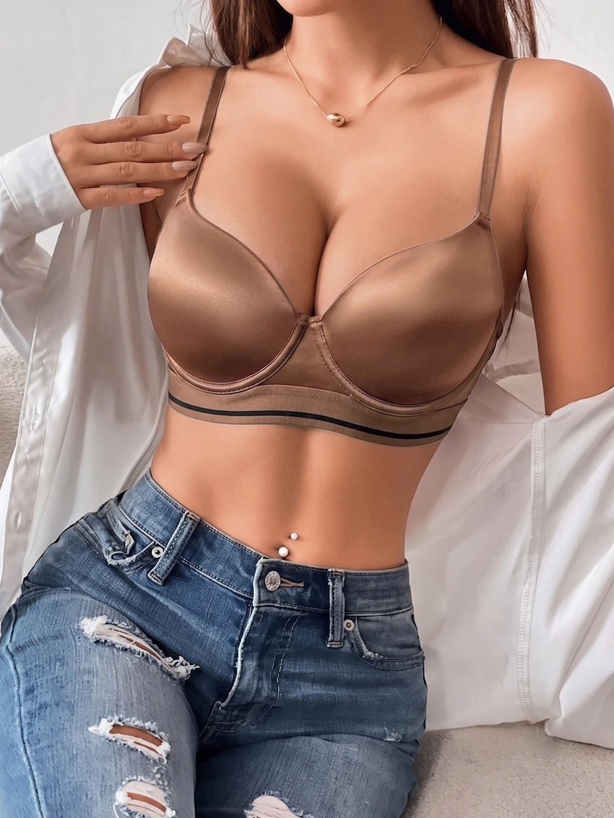 Underwire Push-Up Bra Glossy Satin U-Back Support Adjustable Straps Anti-Sagging Everyday Lingerie