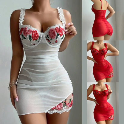 Flower Splicing Chest Support Sleeping Nightdress Sexy Lingerie Temptation Embroidered Nightgown Lace