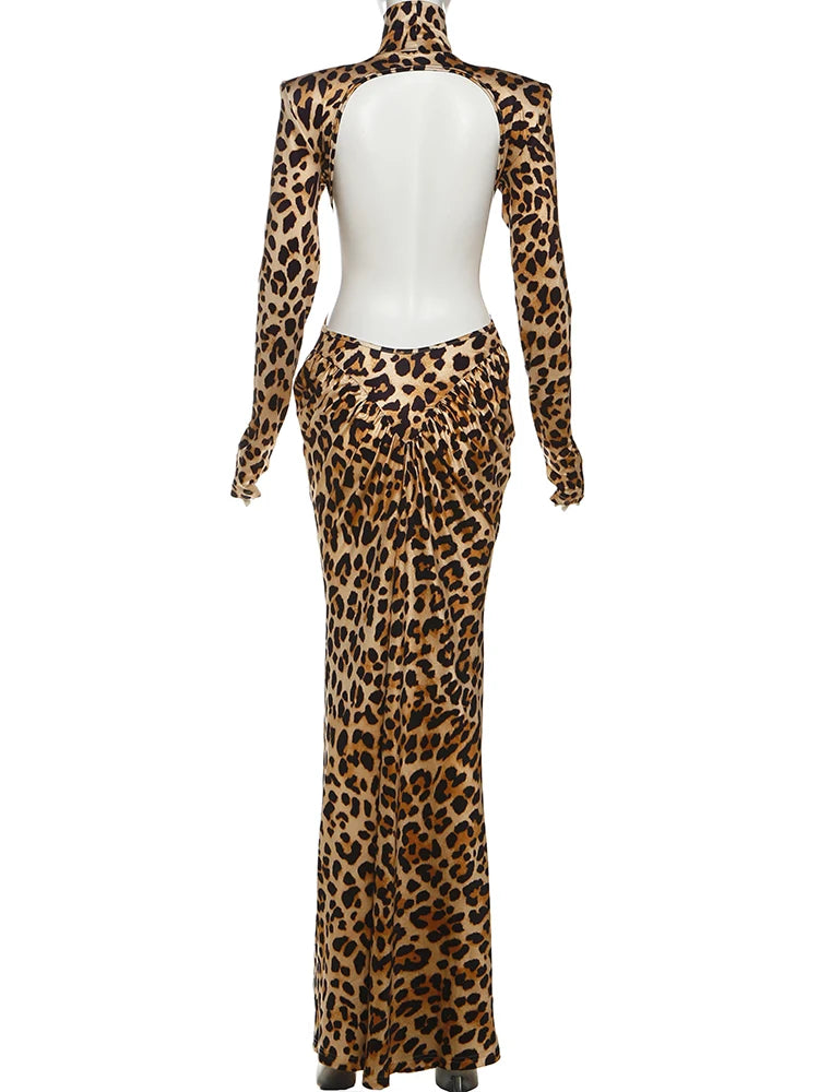 Leopard Print Ruched Patchwork Full Sleeve Midnight Stretch Dresses