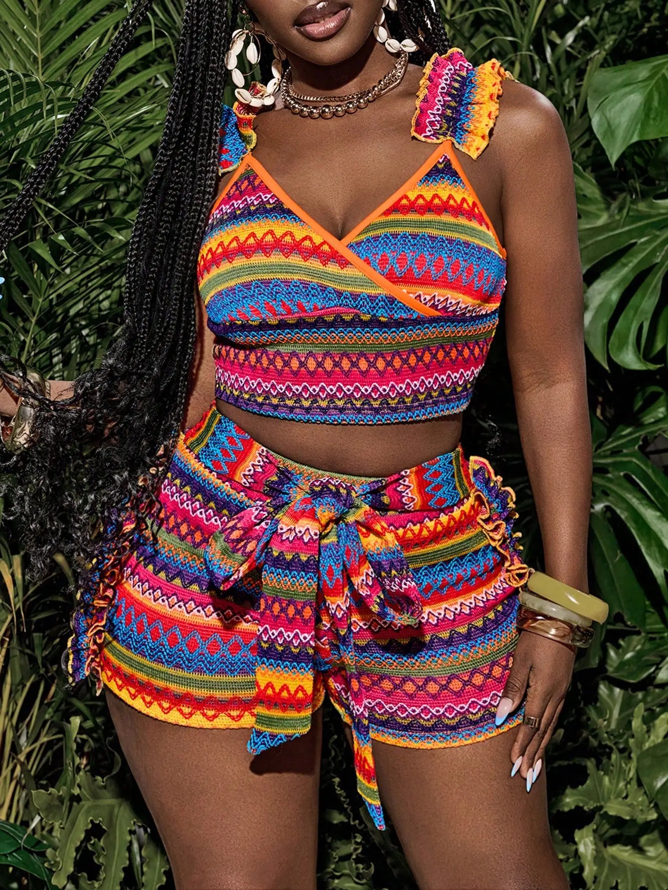 Beach-Style Colorful Tank Top and Belted Shorts Set
