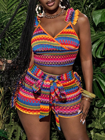 Beach-Style Colorful Tank Top and Belted Shorts Set
