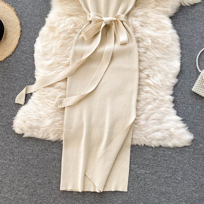 Chic Split Knitted Elastic Bodycon Dresses Streetwear