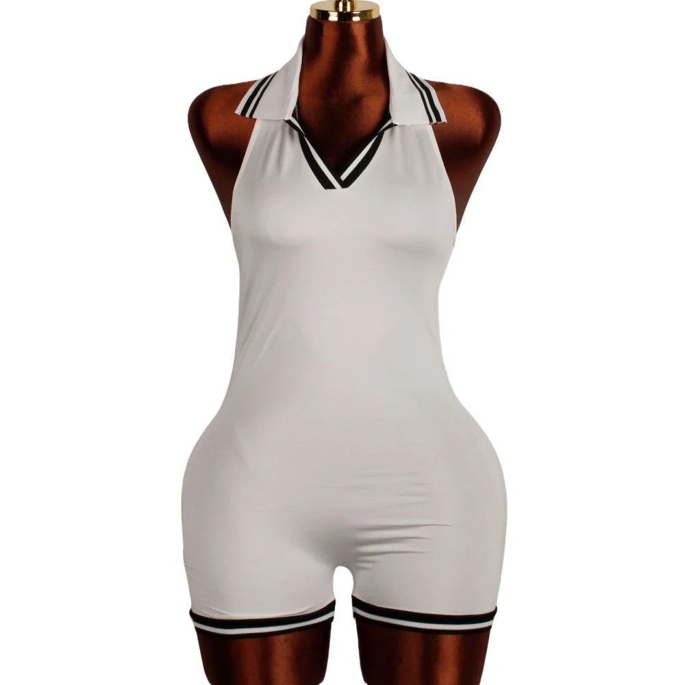 Stripe Halter Lapel Sleeveless Backless Bodycon Jumpsuits