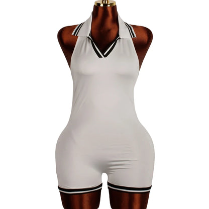 Stripe Halter Lapel Sleeveless Backless Bodycon Jumpsuits