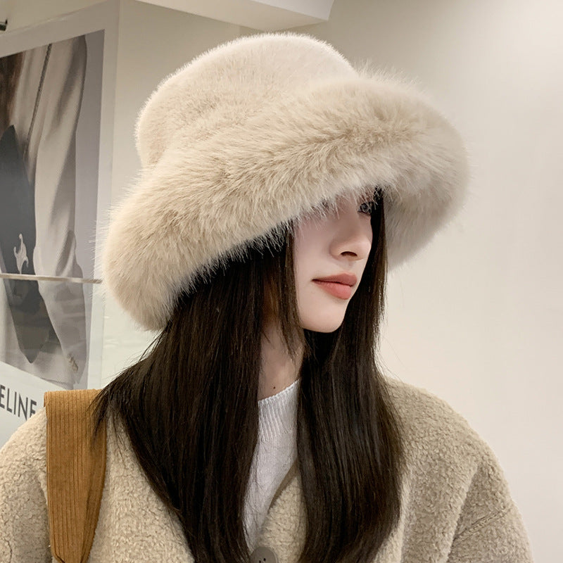 Faux Fur Fluffy Bucket Hat for Women Luxury Plush Hat Thicken Snow Oversized Fur Bucket Hats