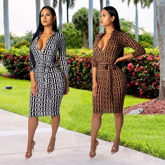 Elegant Print Slim High Waist Dress Office Lady Long Sleeve Midi Plaid V Neck Party