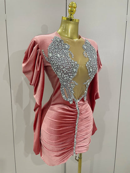 Luxury Sparkly Crystal White Velvet Mini Dresses