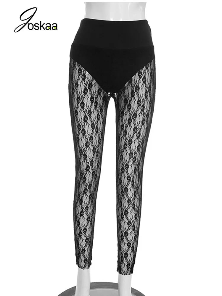 Joskaa Women's Jacquard  Lace Leggings Patchwork Sexy See Through High Waist Pencil Pants Female Bottoms Midnight Party Clubwear