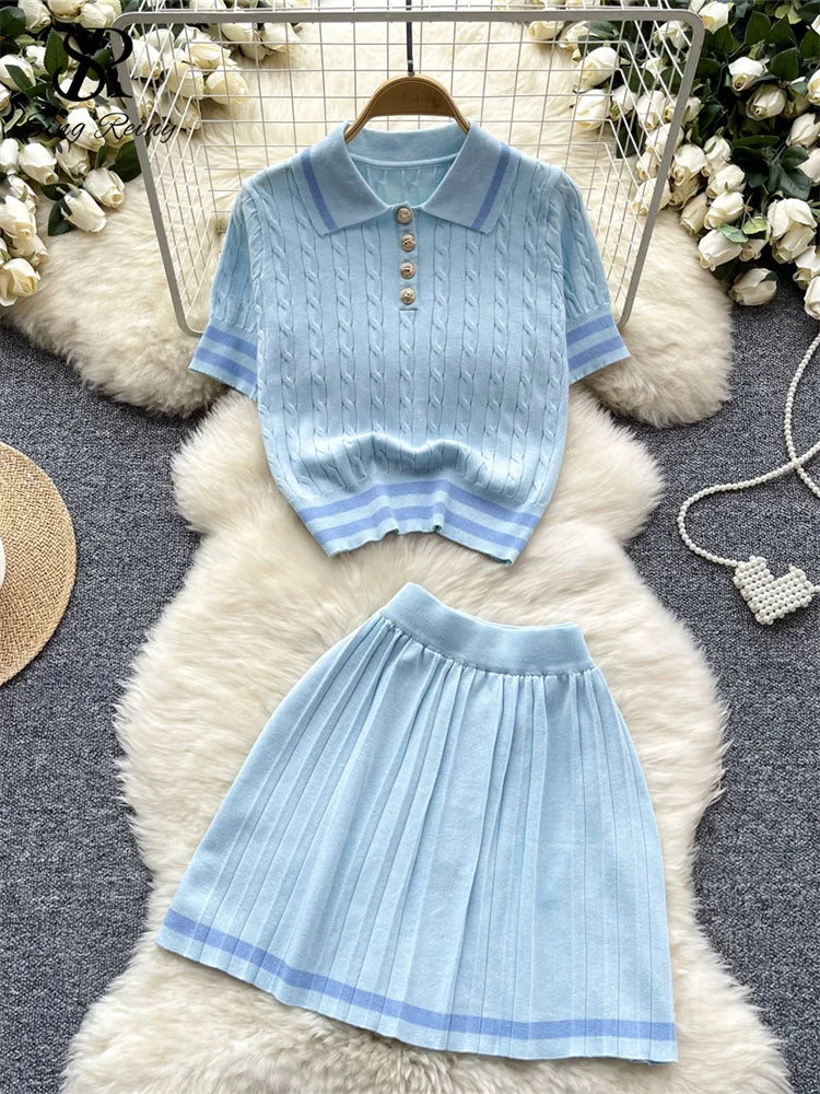 Newest Knitting Two Pieces Sets Button Vintage Basic Tops + High Waist Pleated Skirt Women Fashion 2pcs Suits