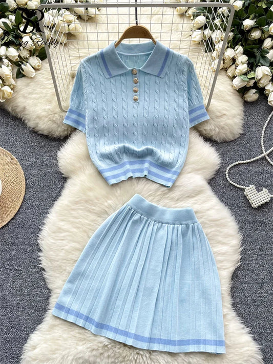 Newest Knitting Two Pieces Sets Button Vintage Basic Tops + High Waist Pleated Skirt Women Fashion 2pcs Suits
