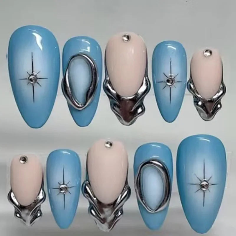 24Pcs 3D Green Ripple Design False Nails Cat's Eye French Almond Fake Nail Tips Leaves Pattern Removable Oval Press on Nails