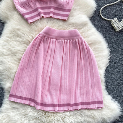 Newest Knitting Two Pieces Sets Button Vintage Basic Tops + High Waist Pleated Skirt Women Fashion 2pcs Suits