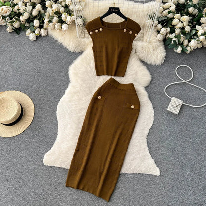 Knitted 2 Pcs. Buttons Crop Top Tanks + Slit Midi Skirt Set