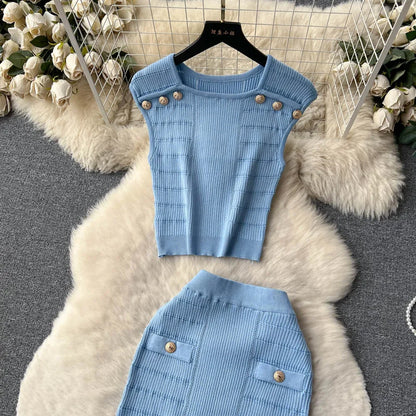 Knitted 2 Pcs. Buttons Crop Top Tanks + Slit Midi Skirt Set