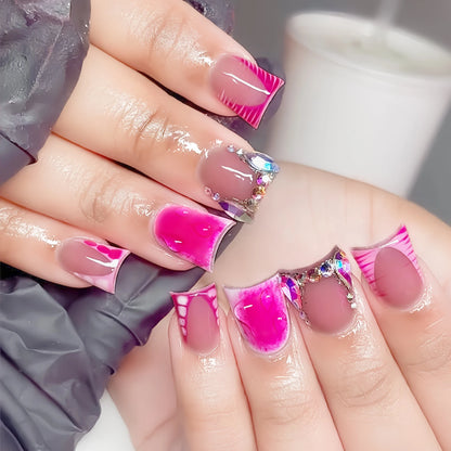24pcs Duckbill Shaped Fake Nails Gold Butterfly Rhinestone Design False Nail Tips Wearable Full Cover French Press on Nails
