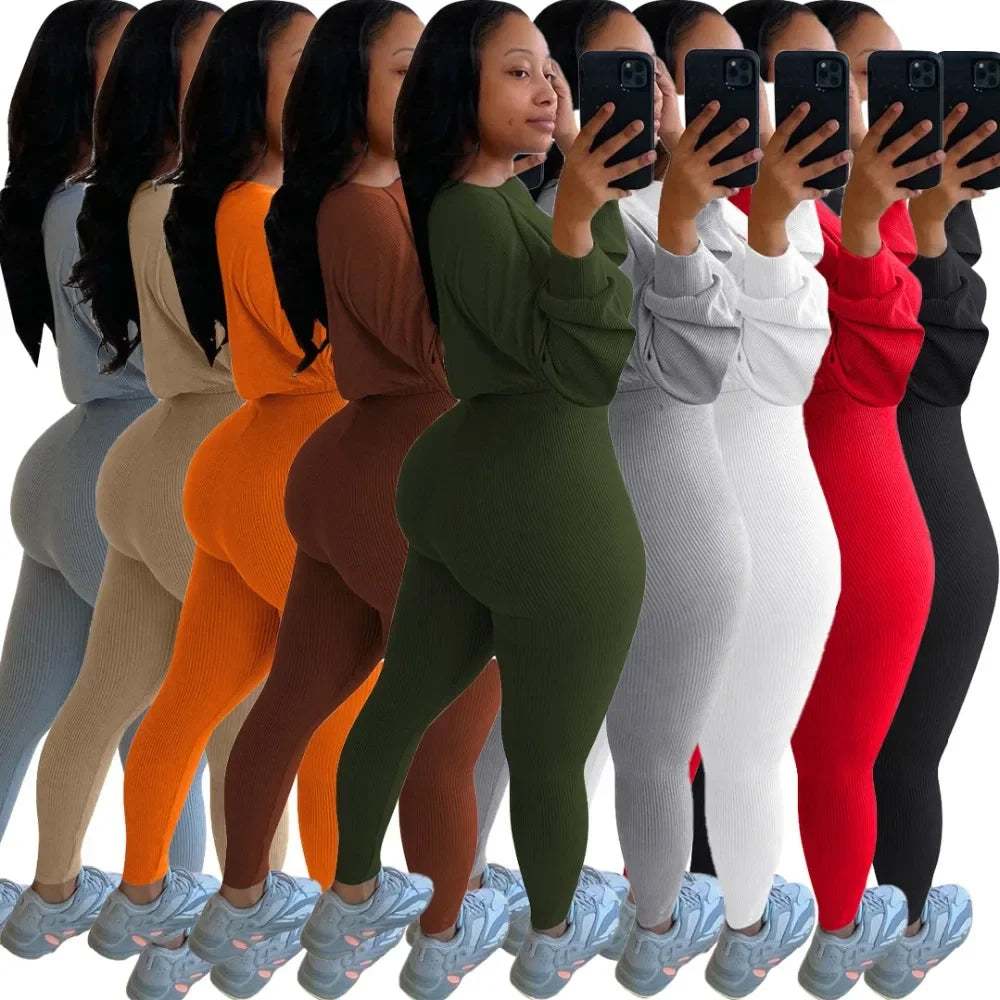 Winter Solid Lucky Label Letter Embroidery Two Piece Sets Women Sweatshirt+Leggings Casual Sporty Tracksuits Female