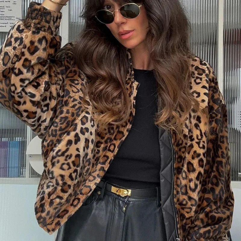 Vanity Leopard Print Zipper Long Sleeve Cropped Coat