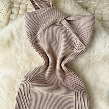 Single Shoulder Ink Knit Dress Backless Tank Striped Slim Bodycon Sundress Women Summer Beachwear Sexy Chic Vestidos