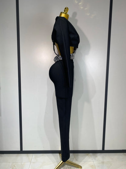 Long Sleeve Beading Bodycon Pant Bandage Sets