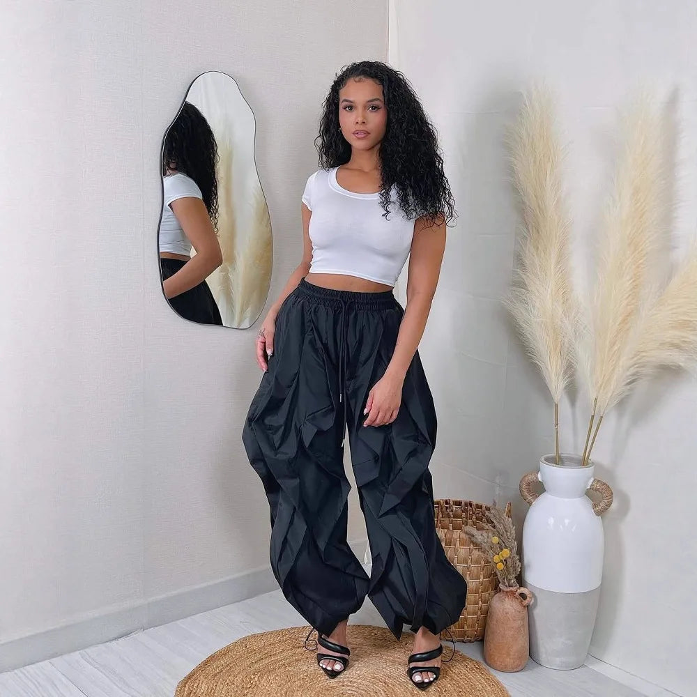 Ruched Lantern Sleeve Drawstring Patchwork Pants