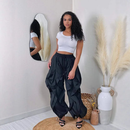 Ruched Lantern Sleeve Drawstring Patchwork Pants