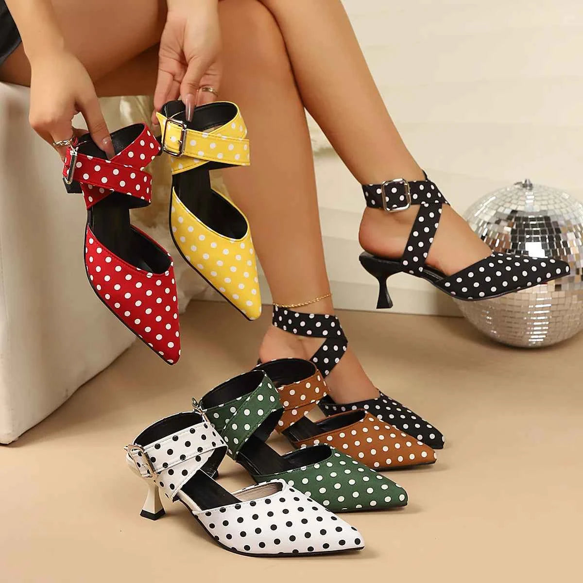 New Polka Dot Slip-On Buckle Strap Elegant Footwear for Women