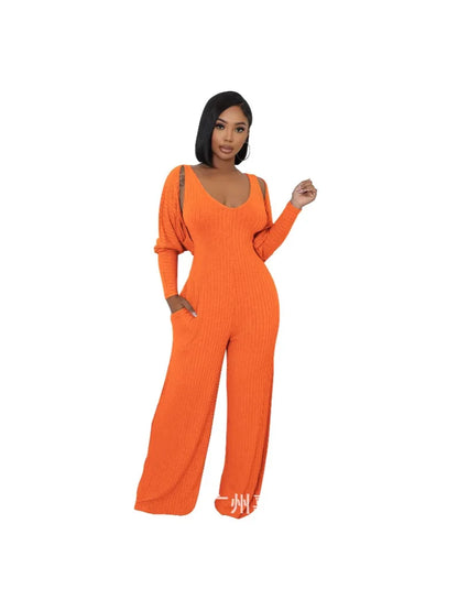 Trendy Solid Color Elastic Wide Leg Jumpsuits (2pcs.)
