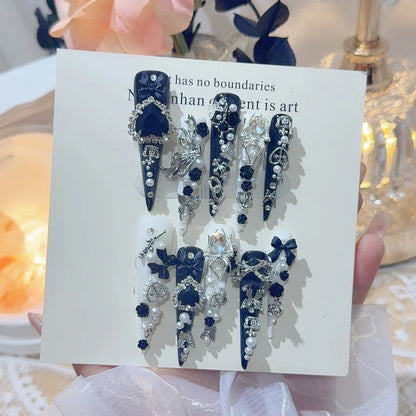 3D Handmade Long Coffin Stiletto Fake Nail Flowers Cat's Heart Diamond Metal Bow