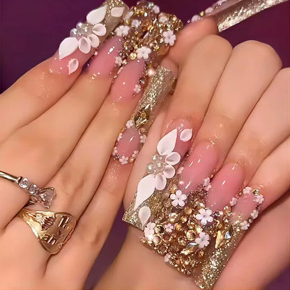24Pcs Long Ballet False Nails Pink Butterfly with Rhinestones French Design Wearable Fake Nails Glitter Press on Nails Tips Art