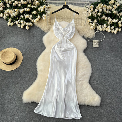 White Spaghetti Strap Satin Glowing Dresses