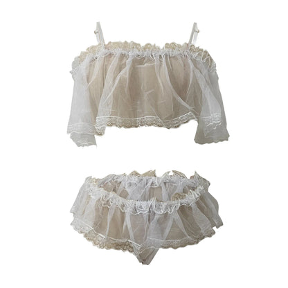 2pc Babydoll Mesh Underwear Sleepwear Pajamas Underwire Lace Lingerie Set