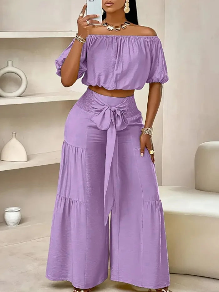 Puff Sleeve O Neck Tops + High Waist Wide Leg Pants (2 Pcs.)