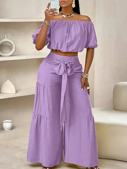 Puff Sleeve O Neck Tops + High Waist Wide Leg Pants (2 Pcs.)