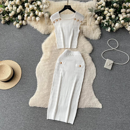 Knitted 2 Pcs. Buttons Crop Top Tanks + Slit Midi Skirt Set