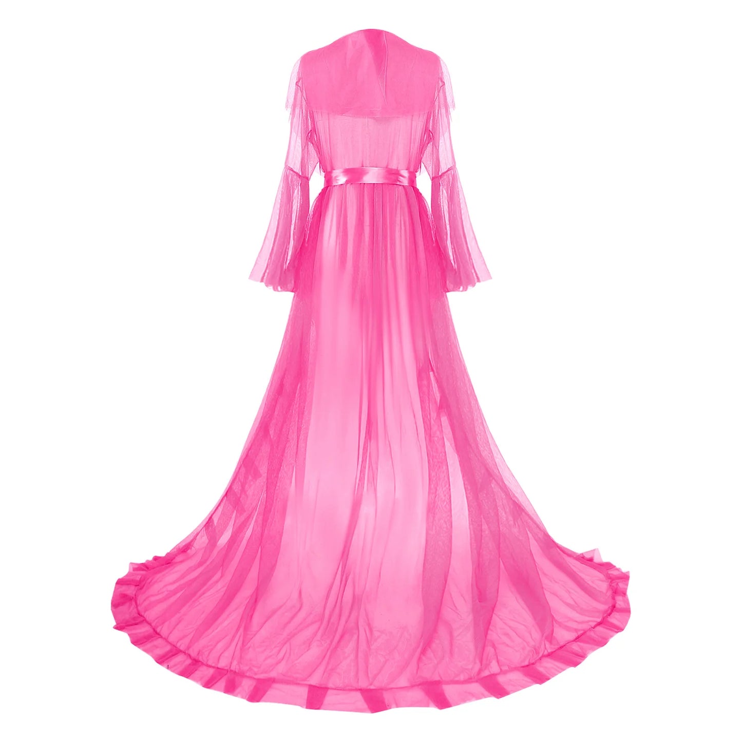Ruffled Trim Long Tulle Robe Femme Nightwear Nightdress