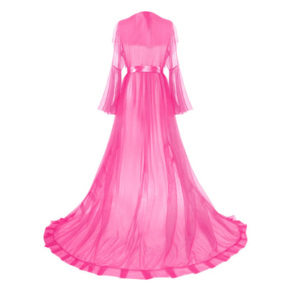 Ruffled Trim Long Tulle Robe Femme Nightwear Nightdress