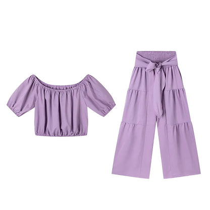 Puff Sleeve O Neck Tops + High Waist Wide Leg Pants (2 Pcs.)