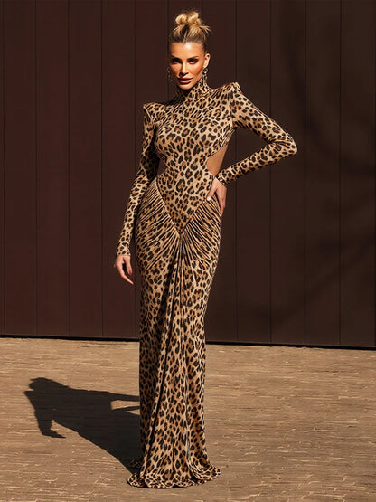 Leopard Print Ruched Patchwork Full Sleeve Midnight Stretch Dresses