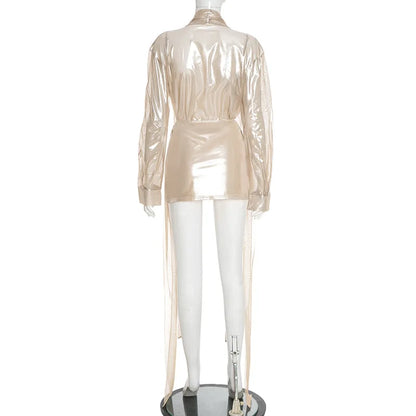 Tassel Patchwork 2 Piece Sets Women Outfit See Through Long Sleeve Crop Top + Skirt Suits Female Streetwear New