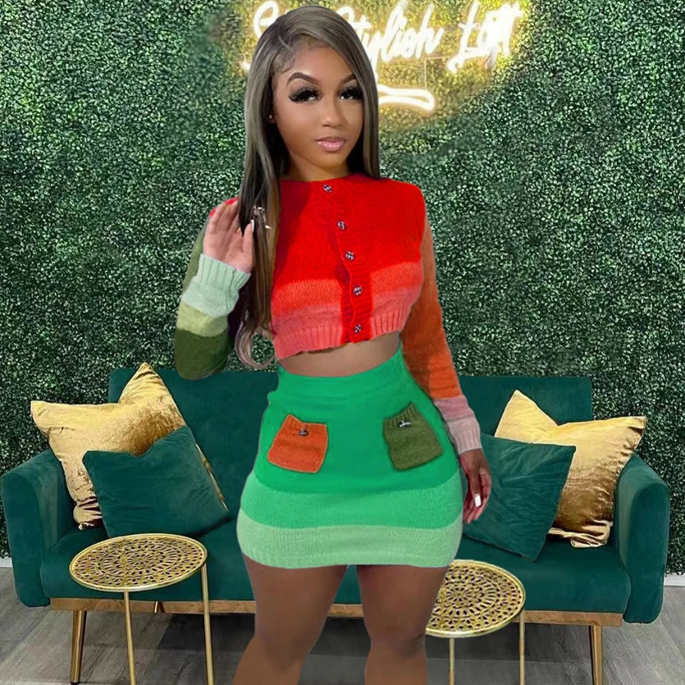 Natalia Button Long Sleeve Crop Top And Skirt Sets