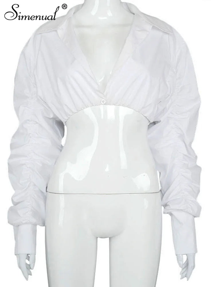 Kuala Button Ruched White Puff Sleeve Top (Baddie)