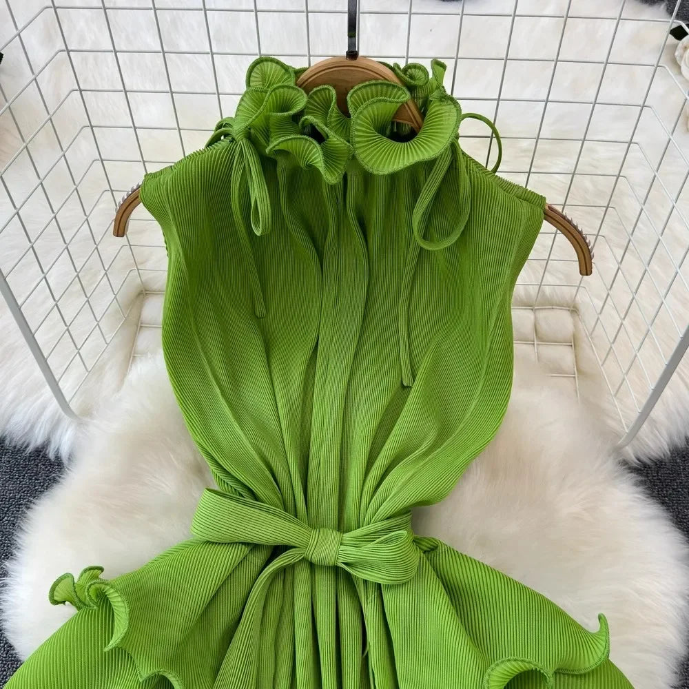 Stand Collar Lace Up Ruffles Boho Dresses