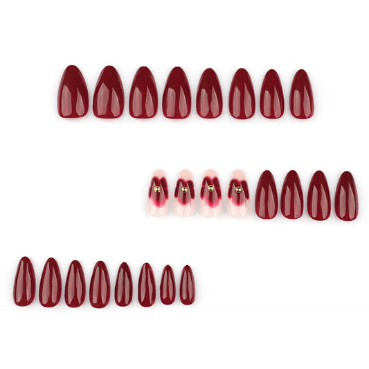 24pcs Women'S Nail Set Burgundy Almond Shape Medium Length Solid Color with Floral Golden Dust Design Fake Nails for Women/Girls