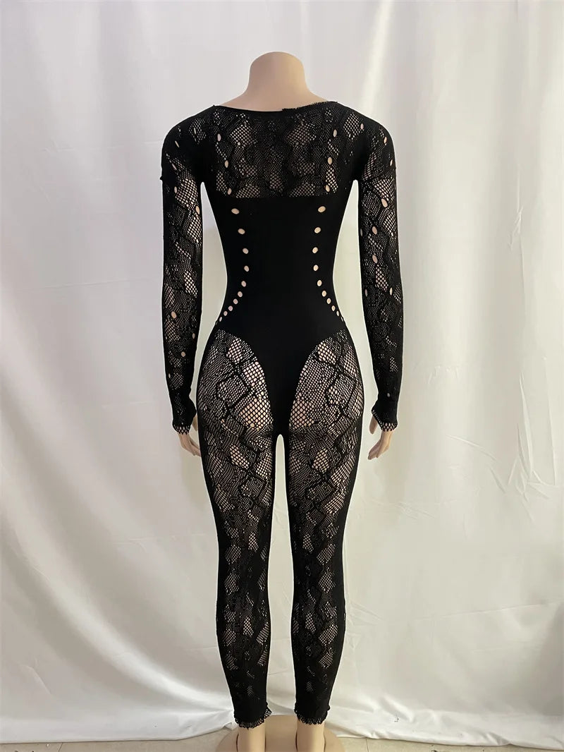 Skylar Rhinestone Lace See Through Cutout Long Sleeve Skinny One Piece Overalls Set