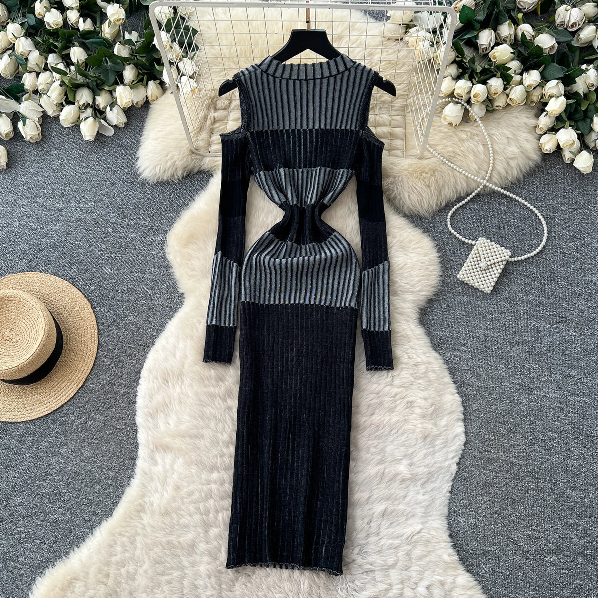 Cold Shoulder Long Sleeve Ribbed Knit Bodycon Midi Dress Elegant Fall Winter