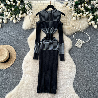 Cold Shoulder Long Sleeve Ribbed Knit Bodycon Midi Dress Elegant Fall Winter