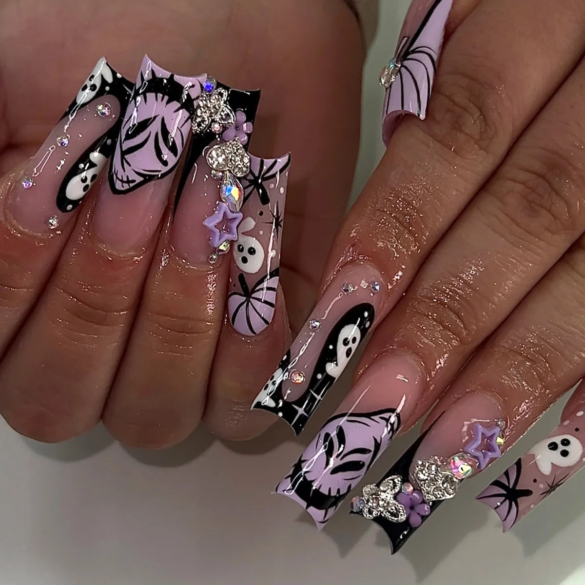 24Pcs Long Ballet False Nails Pink Butterfly with Rhinestones French Design Wearable Fake Nails Glitter Press on Nails Tips Art