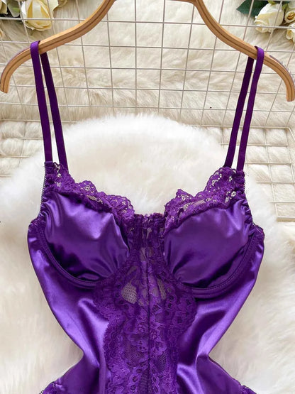 Satin Comfortable Strap Lace Spliced Sheer Lingerie