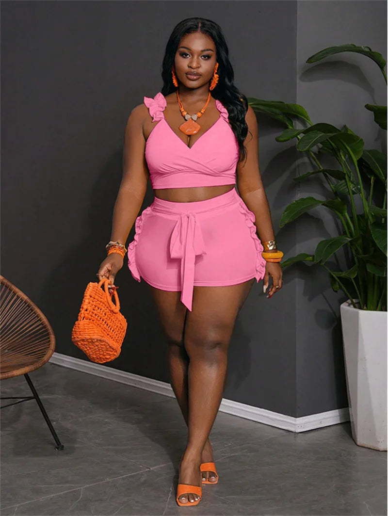 Ruffles V-neck Tank Crop Top and Lace-up Short Sets
